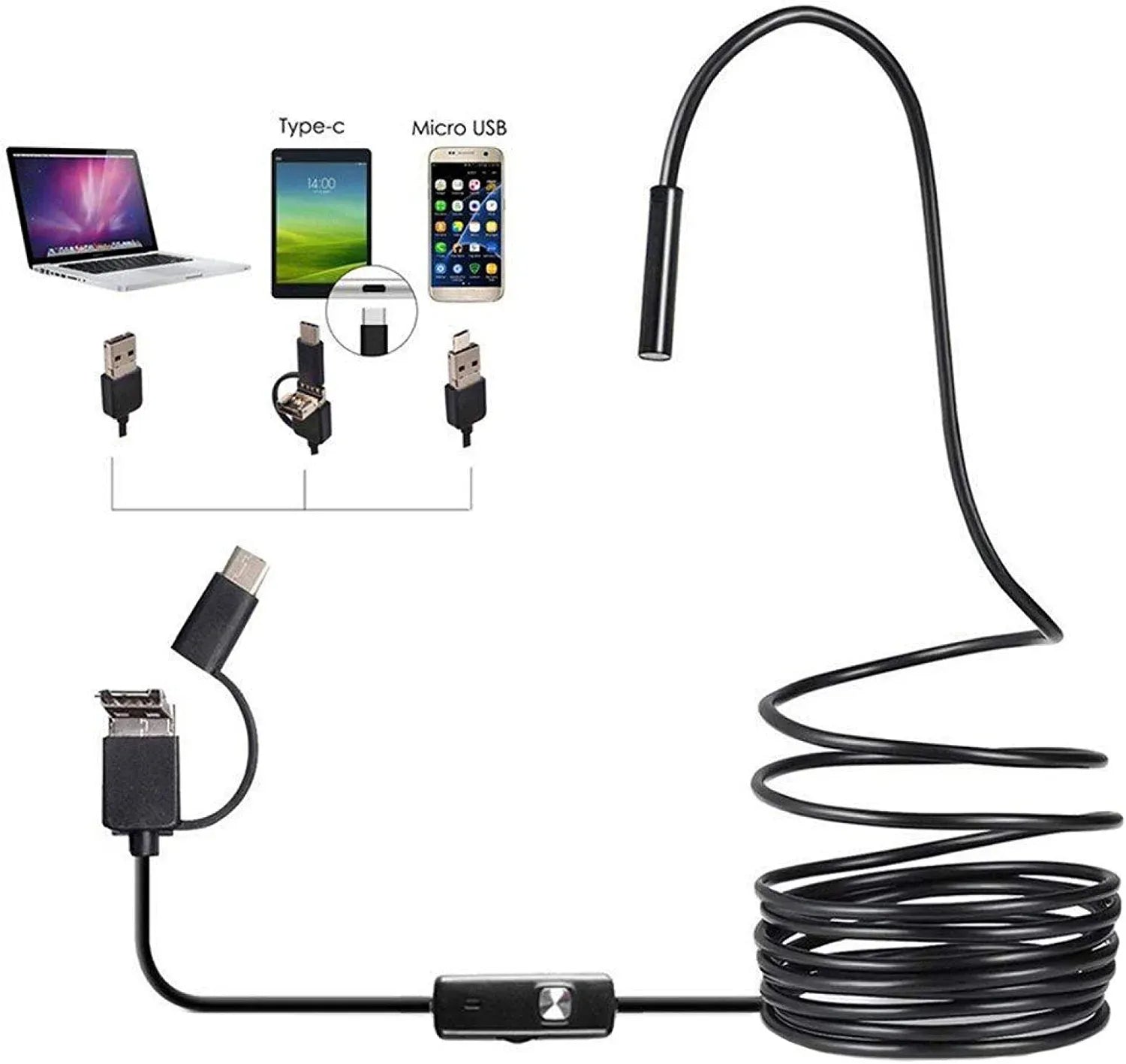 v3 In 1 Type C / Micro USB / PC Endoscope Camera 3.5m With HD Lens, Adjustable LED Lights & IP67 Waterproof Design
