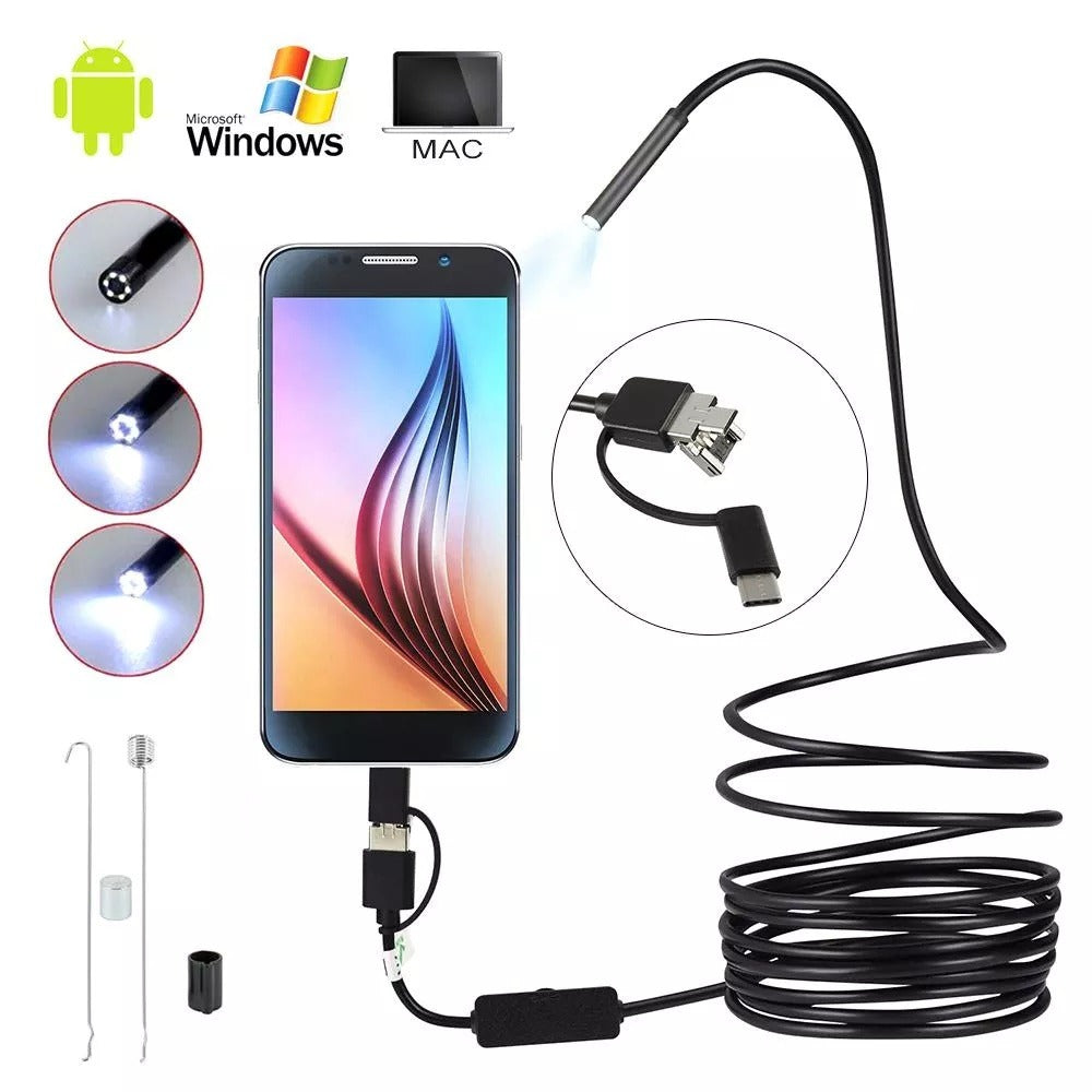 v3 In 1 Type C / Micro USB / PC Endoscope Camera 3.5m With HD Lens, Adjustable LED Lights & IP67 Waterproof Design
