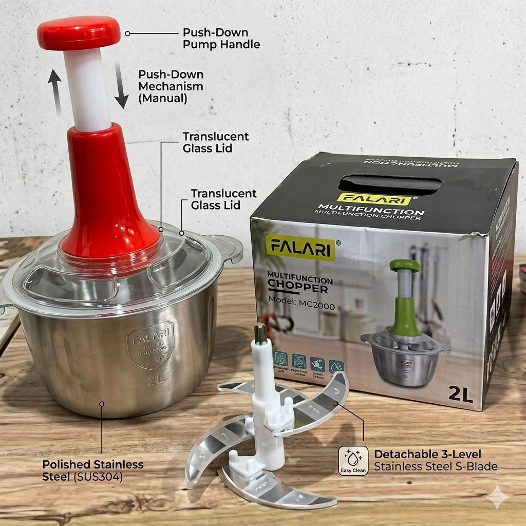 Large 2L Bowl Effortless Vegetable Chopper & Meat Mincer Manual Hand-Press Food