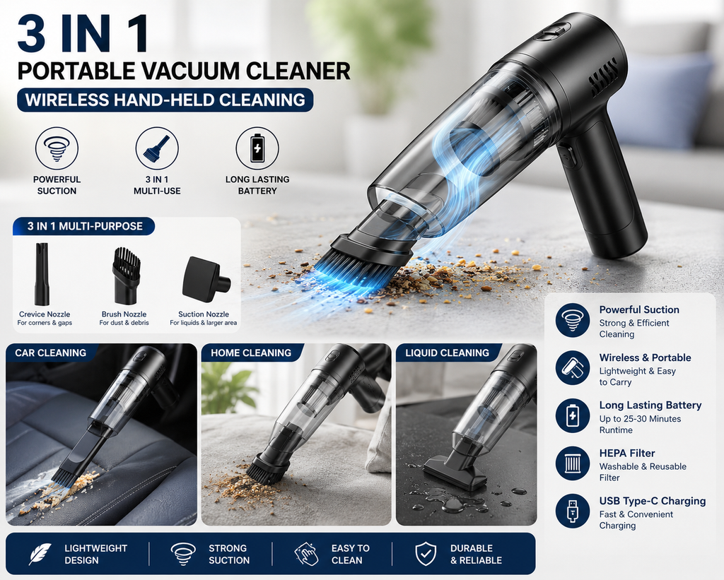 3-in-1 Rechargeable Vacuum Cleaner Wireless Hand-held Cleaning