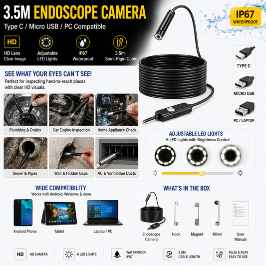v3 In 1 Type C / Micro USB / PC Endoscope Camera 3.5m With HD Lens, Adjustable LED Lights & IP67 Waterproof Design
