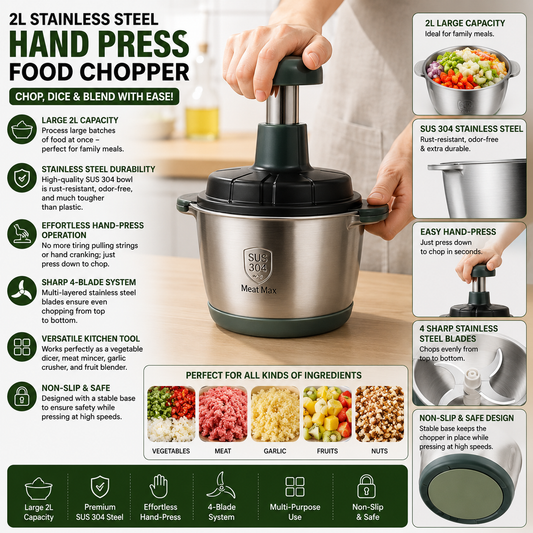 Large 2L Bowl Effortless Vegetable Chopper & Meat Mincer Manual Hand-Press Food